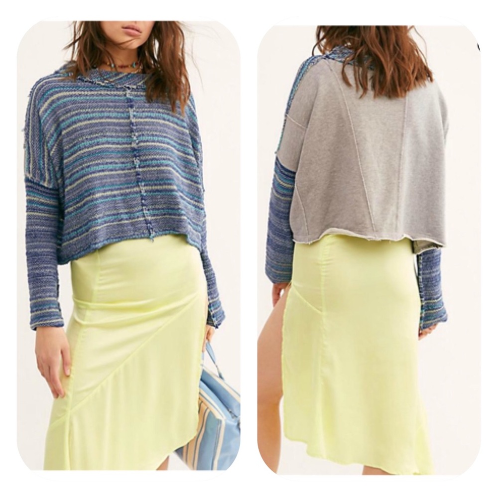 Free People Catalina Mixed Media Pullover Top Blue Sz Large